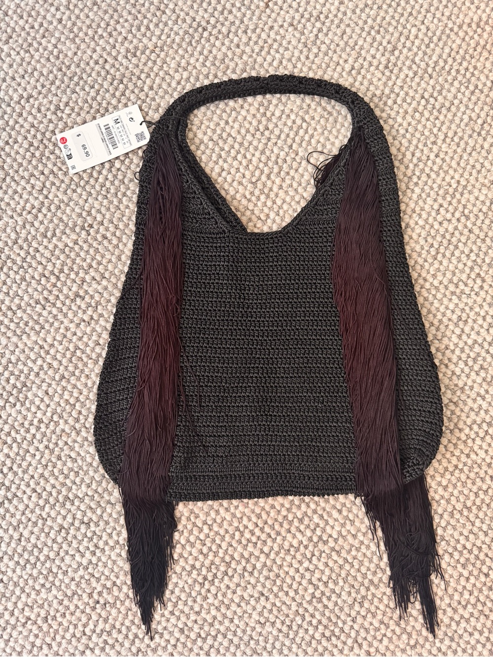 ZARA Black Fringed Crochet Tote Bag - Picture 4 of 4